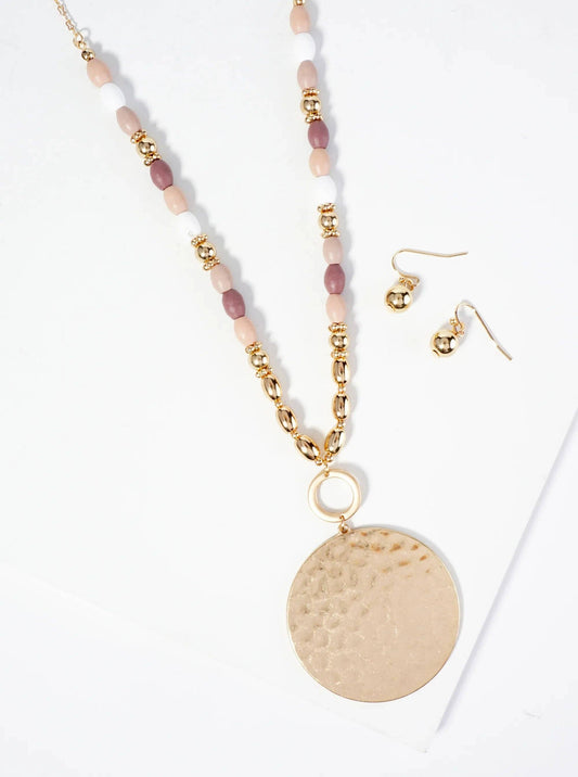 Hammered Circle Pendant Wood Beaded Chain Long Necklace