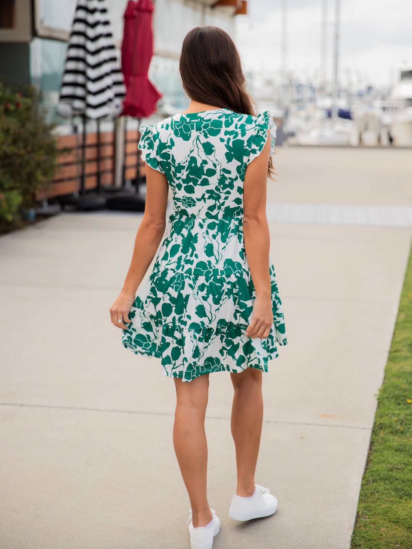 Sale Green & White Floral V-neck Tiered Babydoll Dress