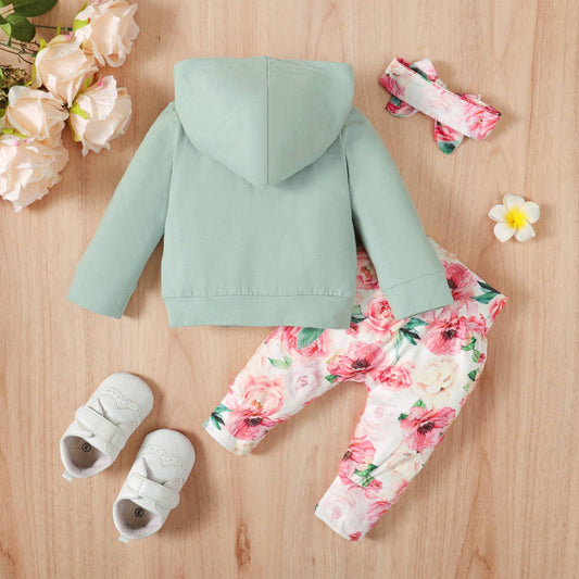 Light Green Floral Hoodie, Pants and Headband Set: 9-12 Months