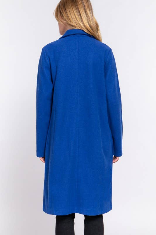 Royal Blue Notched Collar Open Front Long Coat