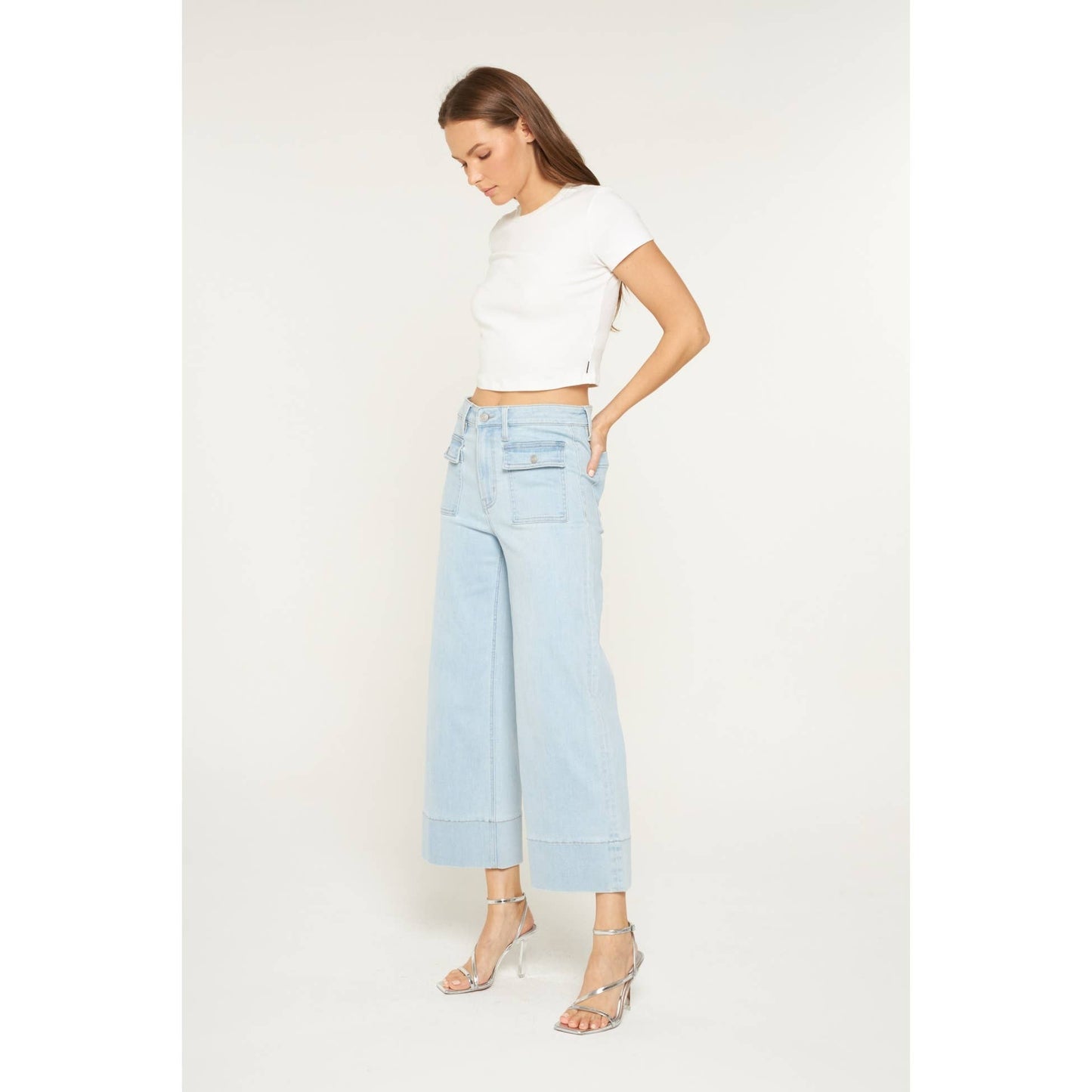 Mica Denim High Rise Cropped Wide Leg Patch Pocket: Blue Grey