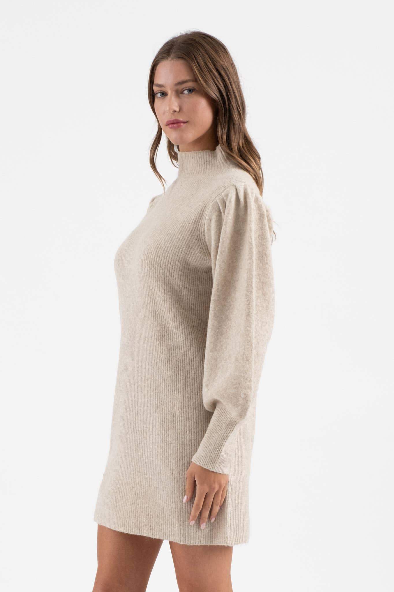 Khaki Mock Neck Puff Sleeve Sweater Dress