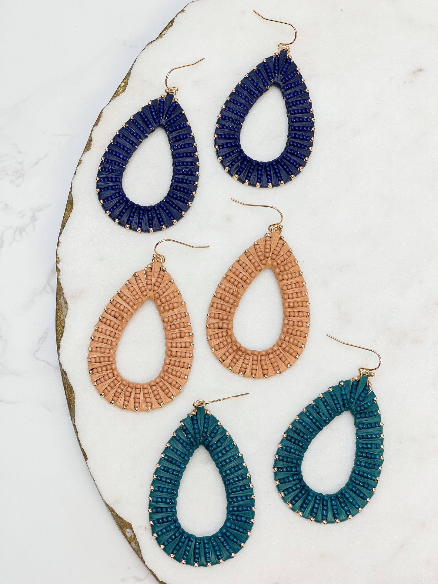 Teal Oval Raffia Beaded Dangle Earrings