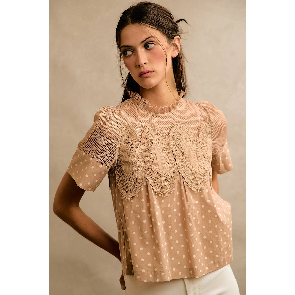 Beige Polka Dot Lace Trim Cotton Blouse