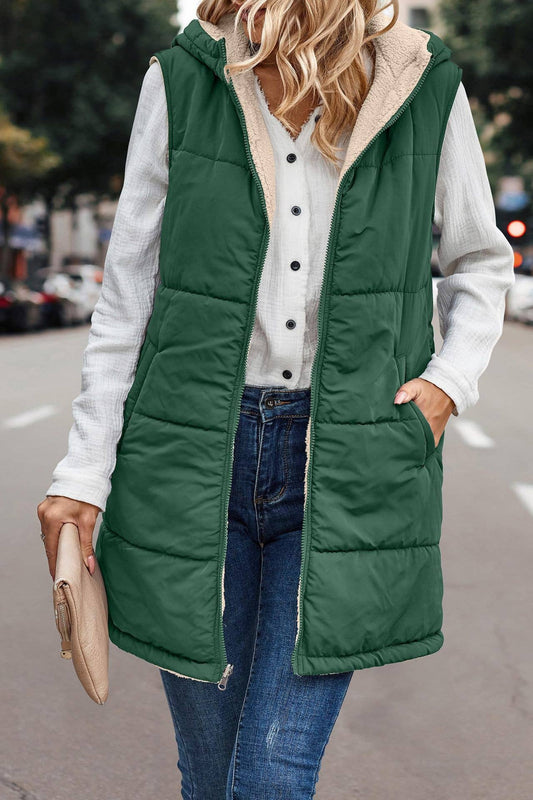 Olive Fleece Plain Color Zipper Gilet With Pockets