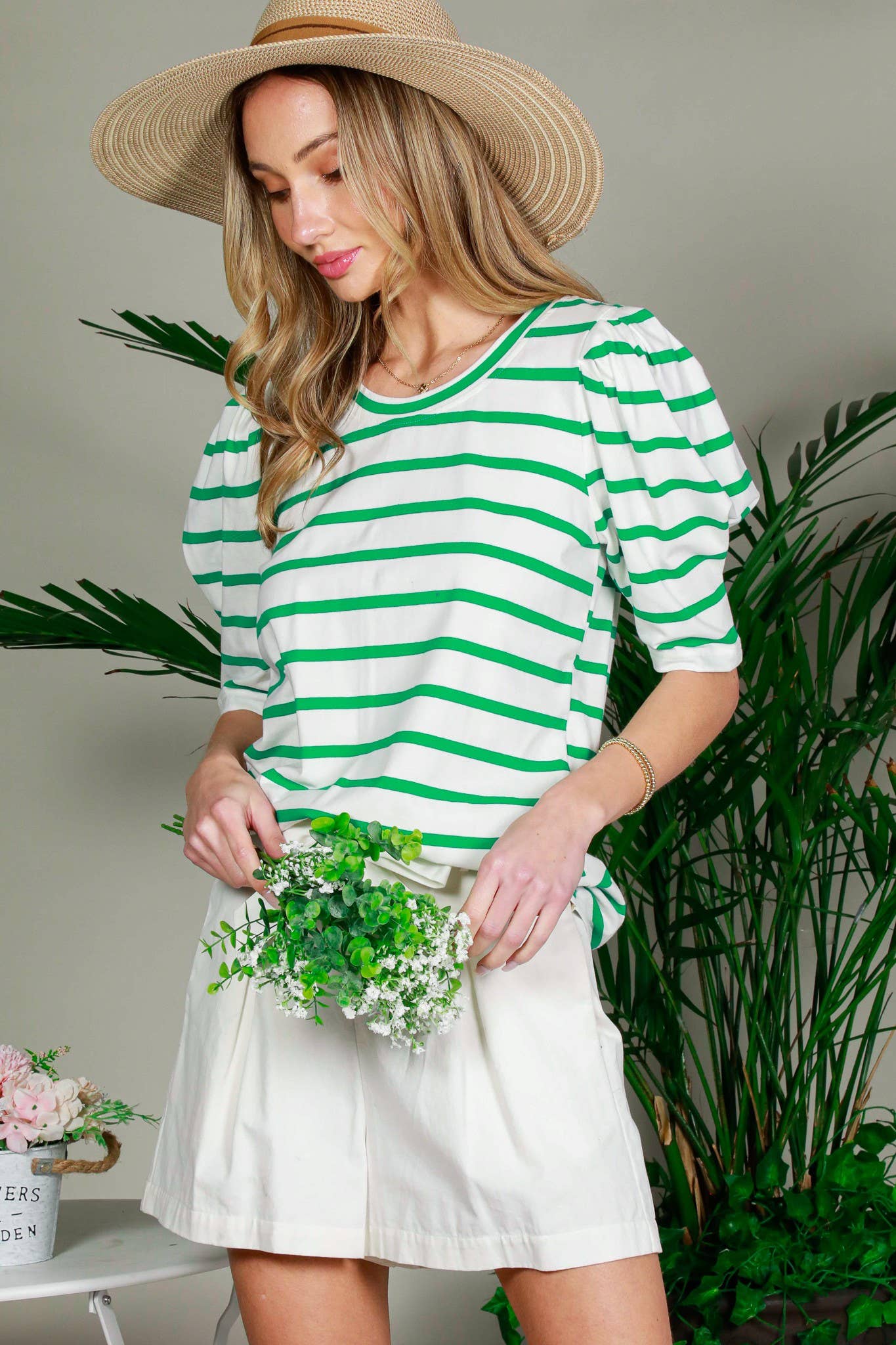 SALE Scoop Neck Short Puff Sleeve Striped Cotton Knit Top- Green & White