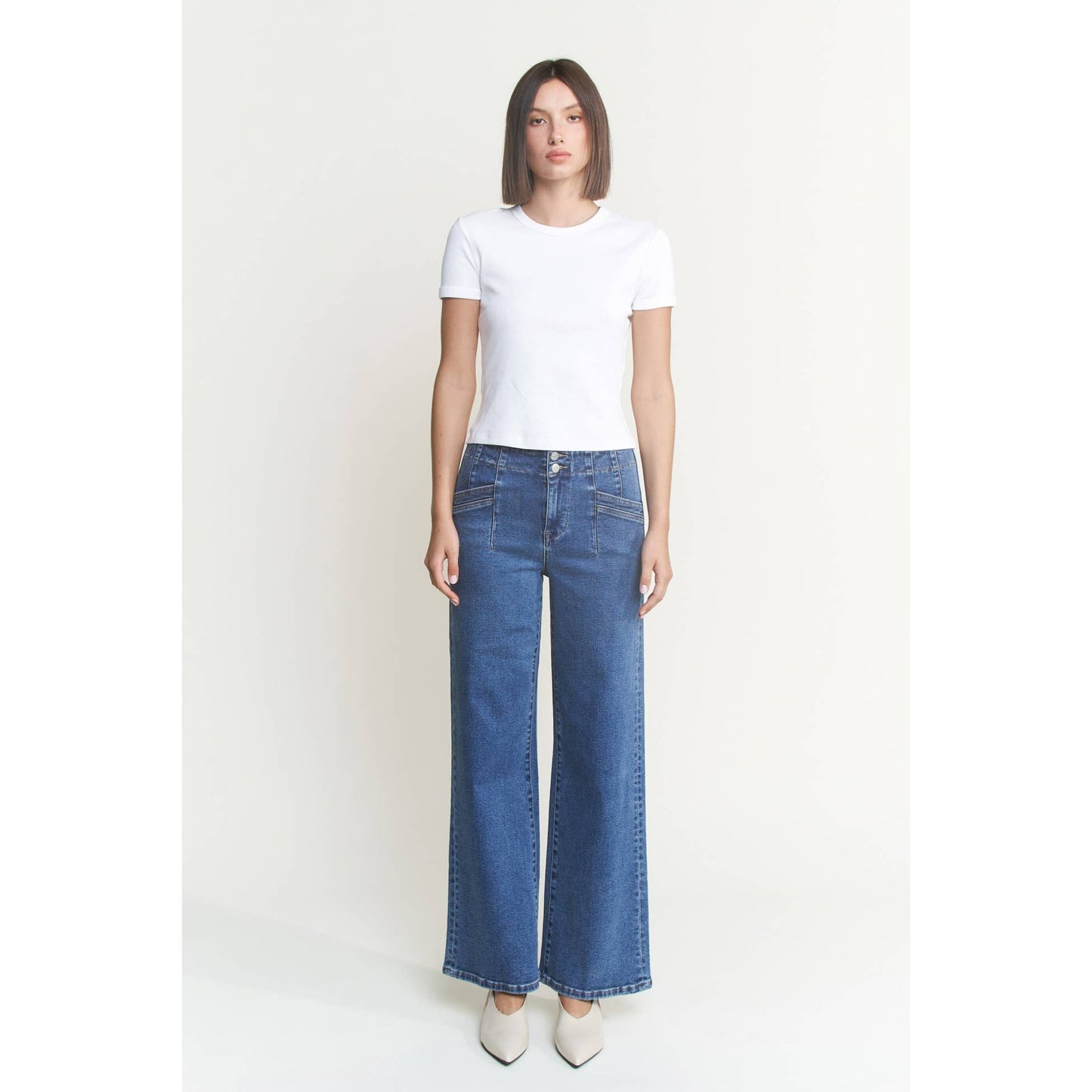 Mica Denim Super High Rise Wide Leg Double Button Medium Wash Jean