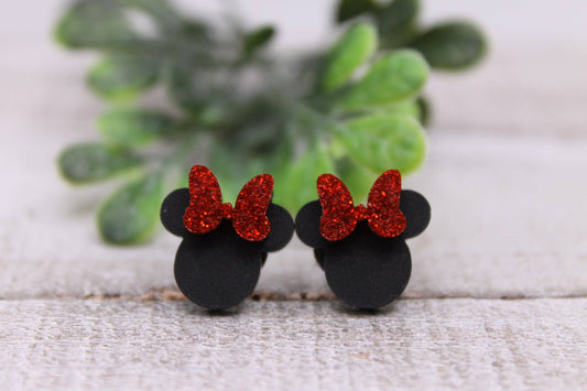 Red Glitter Bow Mouse Earrings