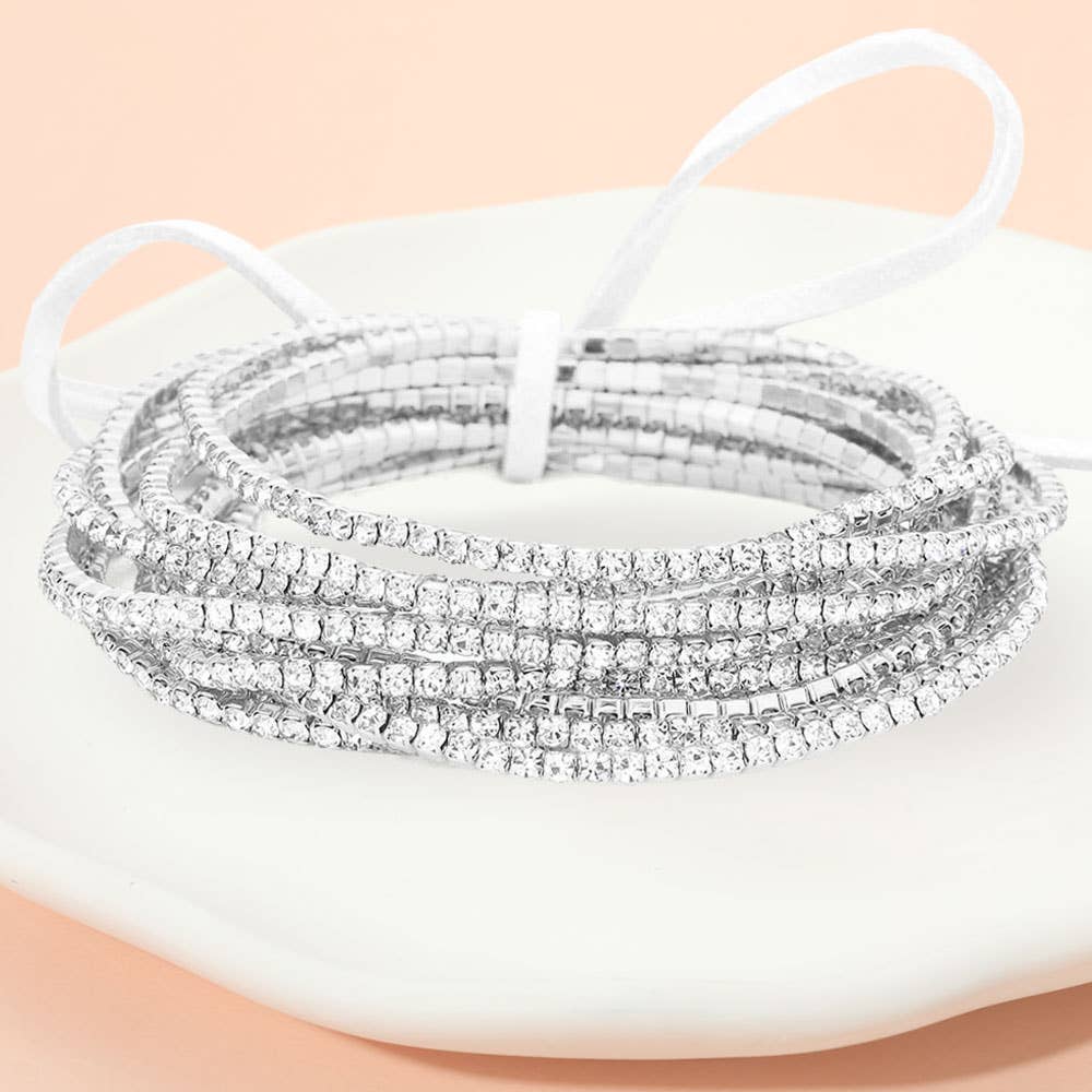 SIlver Ribbon Pearl Rhinestone Layered Stretch Bracelet Set (12)