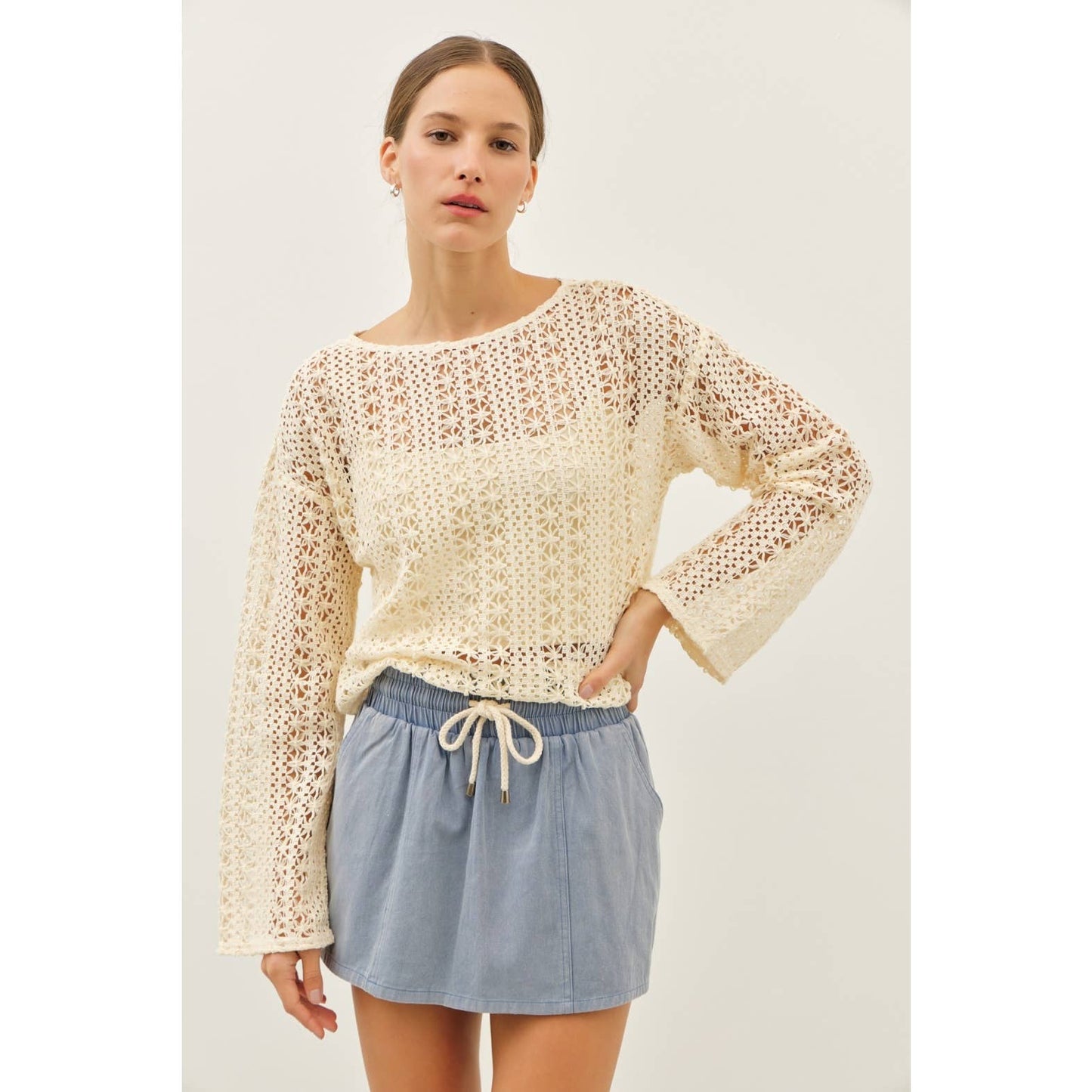 Cream Sheer Floral Crochet Top With Bell Sleeves
