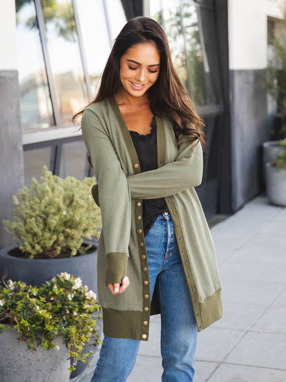 Olive Solid Cleo Snap Cardigan