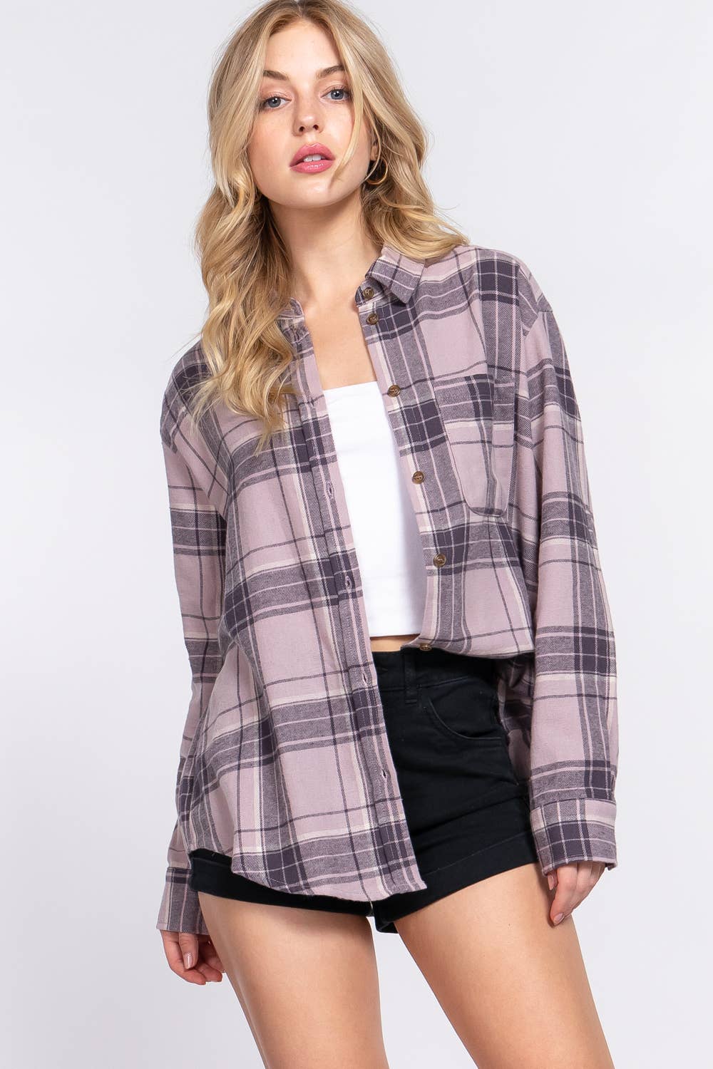 Pink/Mauve/Purple Front Pocket Plaid Shirt