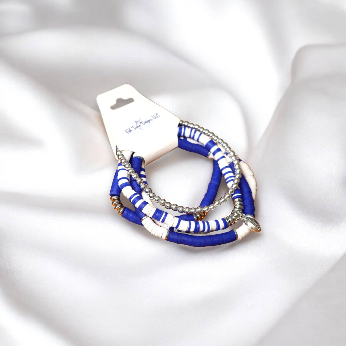  Royal Blue and White Game Day Bracelet Stack: Medium (7 inch) / Football
