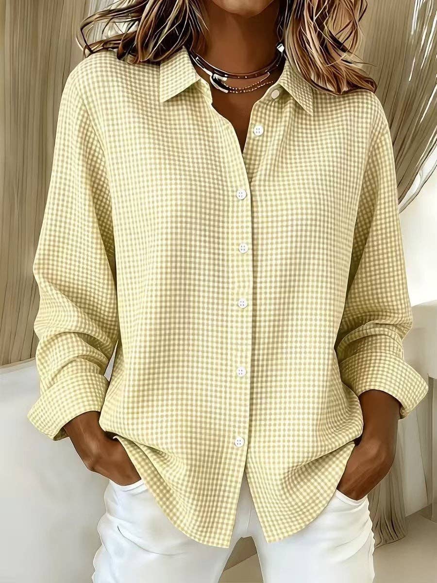 Women's Gingham Long Sleeve Button Down Shirt: Sage Green / 100%Polyester / S