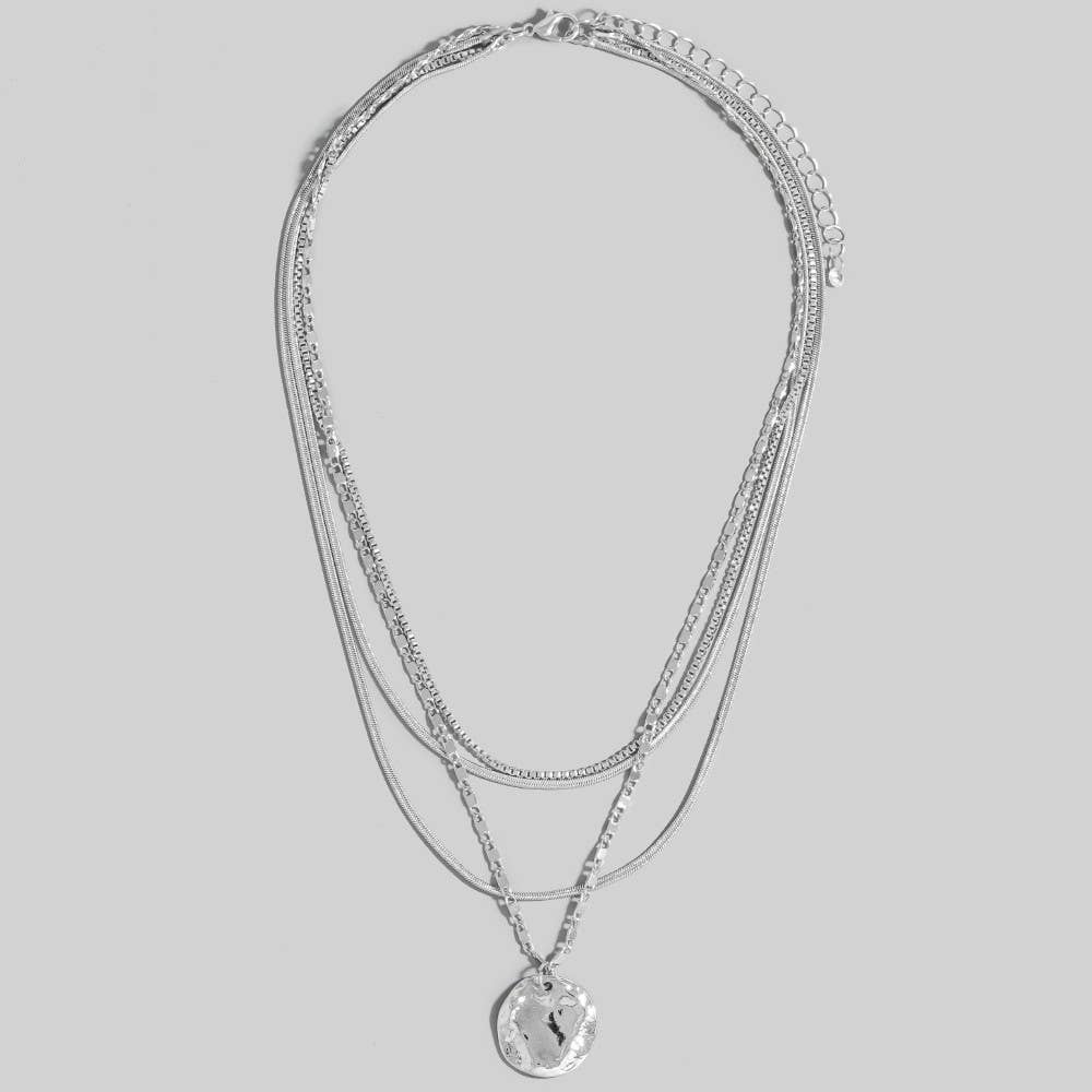 Silver Hammered Coin Pendant Layered Chains Necklace