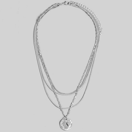 Silver Hammered Coin Pendant Layered Chains Necklace