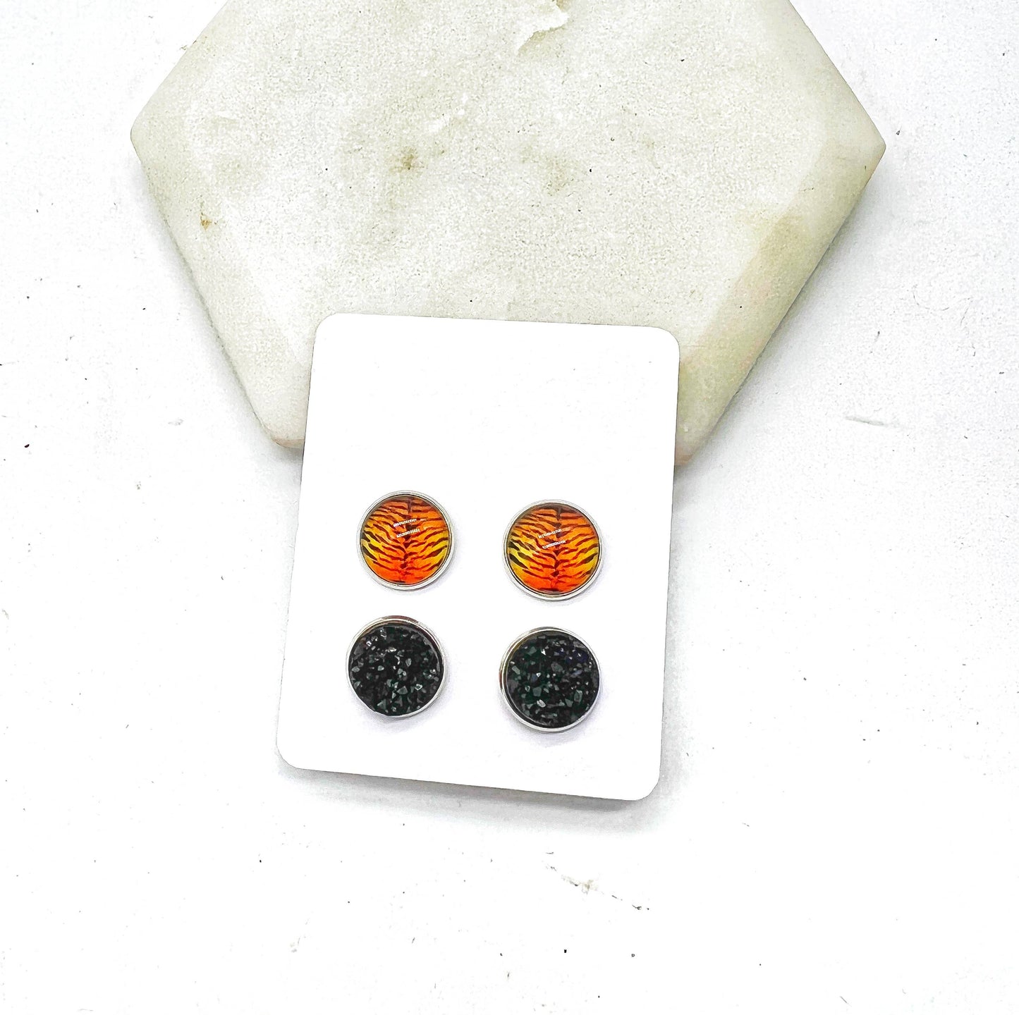 Orange Bengal Tiger Print Druzy Stud Set