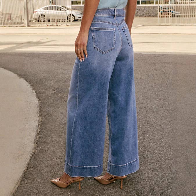 Casual Wide Leg Stretch Washed Denim Pants