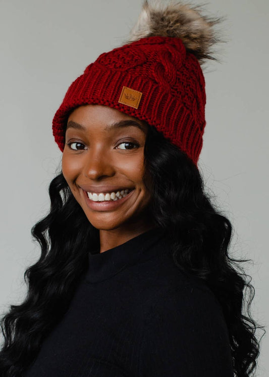 Dark Red Cable Knit Pom Hat