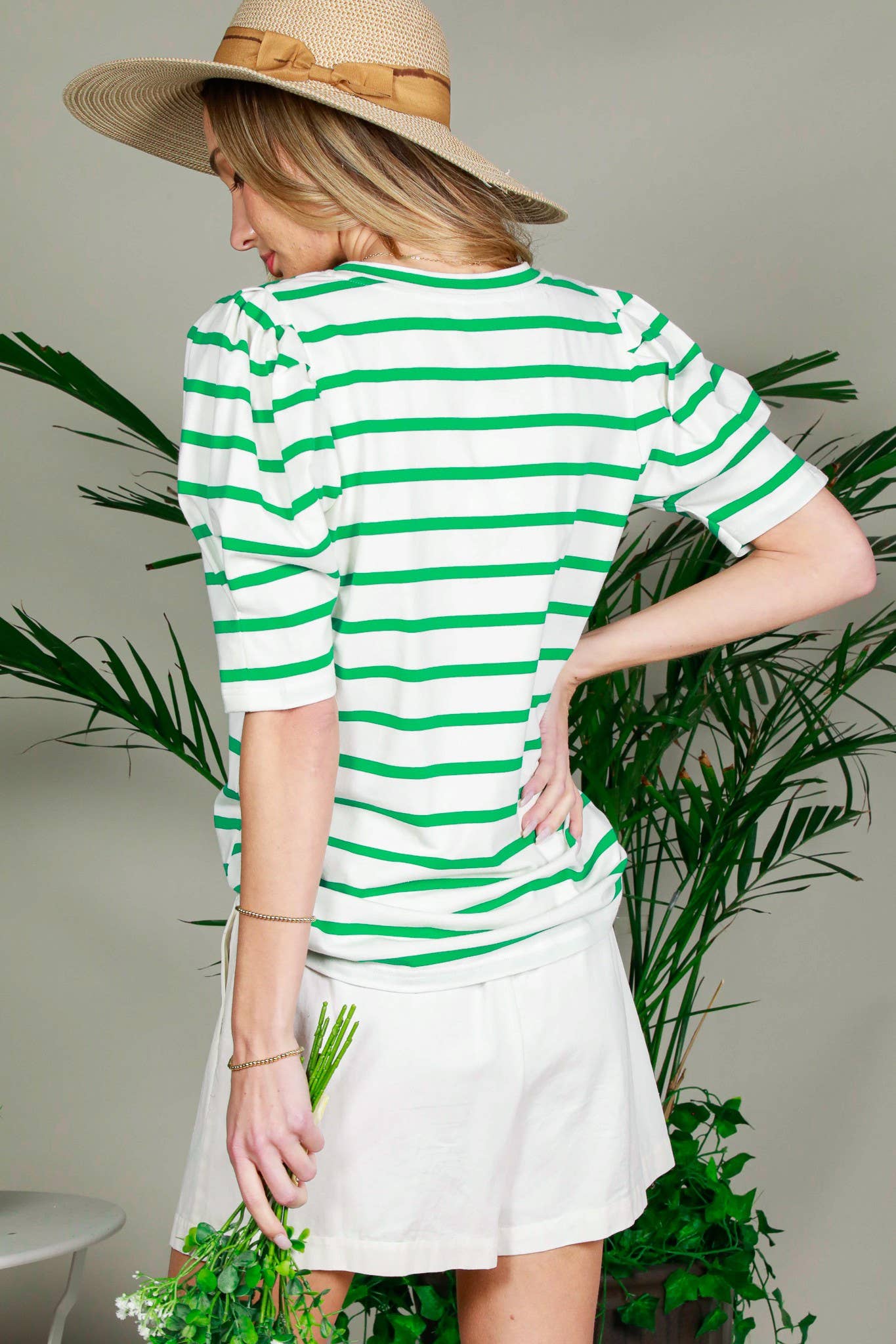 SALE Scoop Neck Short Puff Sleeve Striped Cotton Knit Top- Green & White