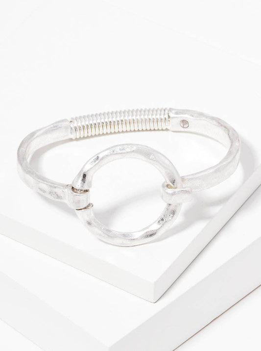 Hammered Silver Metal Round Hook Clasp Hinged Bracelet