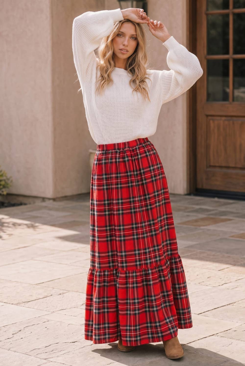 Plaid Tiered Maxi Skirt with Pockets: RED / S