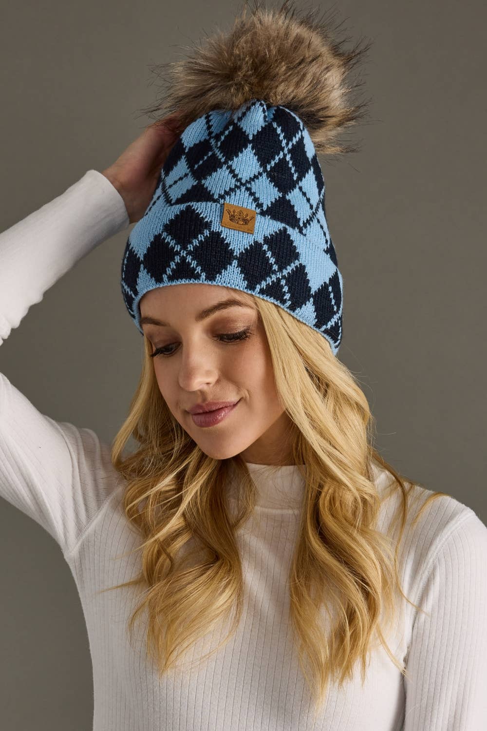 Blue & Navy Argyle Pattern Pom Hat