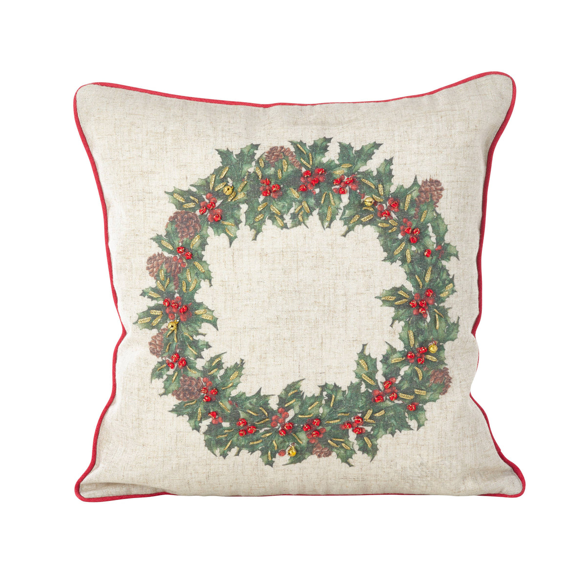Holly Wreath w/ Bells Pillow - Poly Filled: Multi / Polyester Insert / 16"