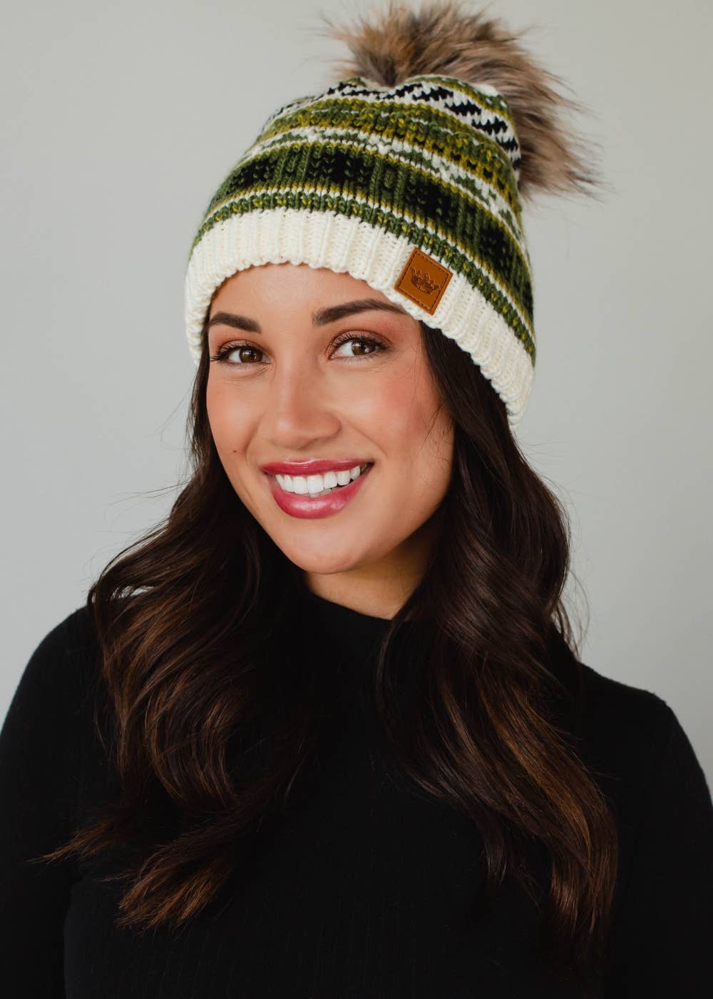 Ivory, Green & Black Christmas Pattern Pom Hat