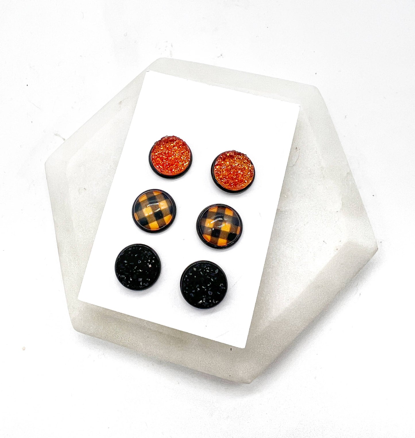 Fall Orange Buffalo Plaid Druzy Stud Trio