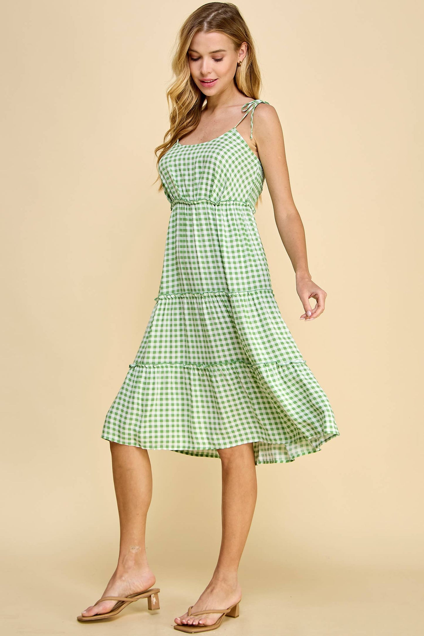 Green Gingham Tie Shoulder Midi Tiered Dress