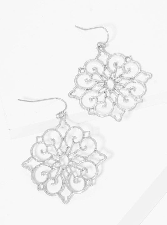 Worn Silver Metal Moroccan Shaped Filigree Earrings