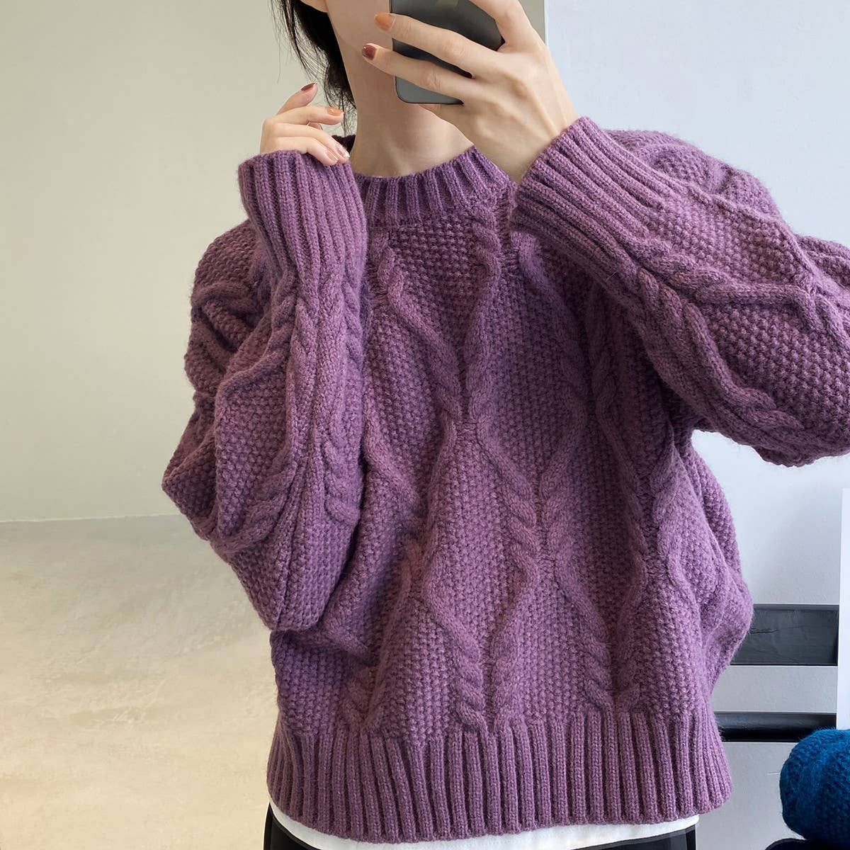 Purple Twist loose crew neck pullover sweater-One Size