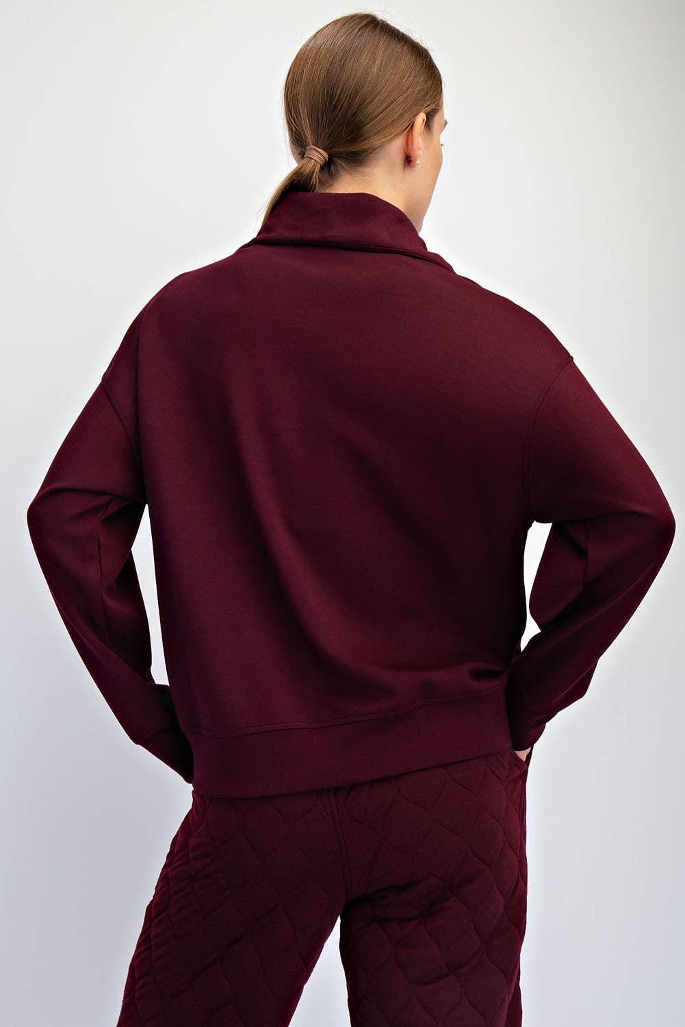 Dark Cherry Modal Scuba Quarter Zip Funnel Neck Pullover