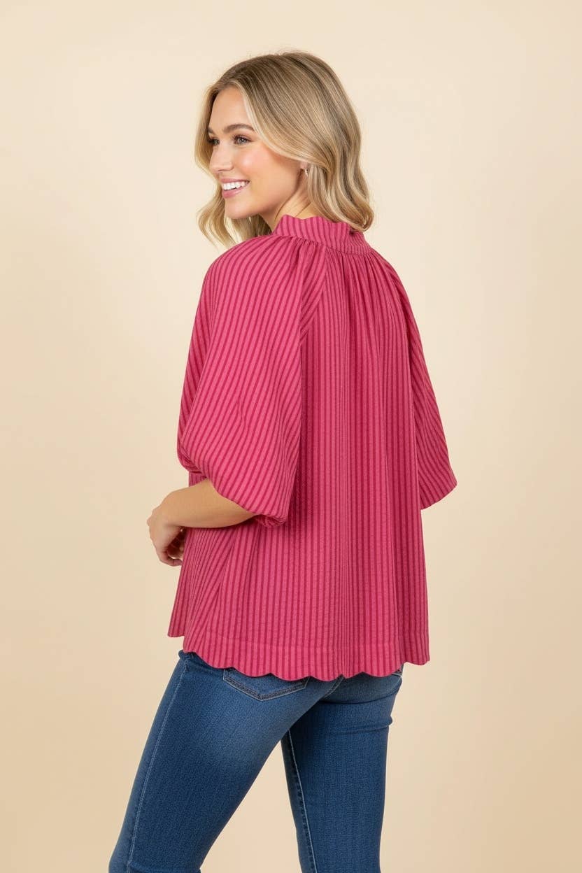HT20081 Vertical Stripe Bubble Sleeve Scallop Hem Blouse (Copy): IVORY/GREEN / 2-2-2(S-M-L)