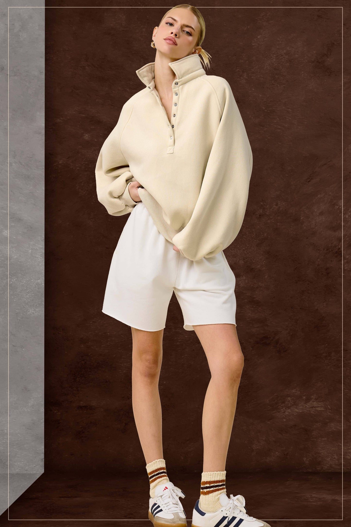 Fire Red Oversized Snap-Button Collared Mock Neck Sweatshirt