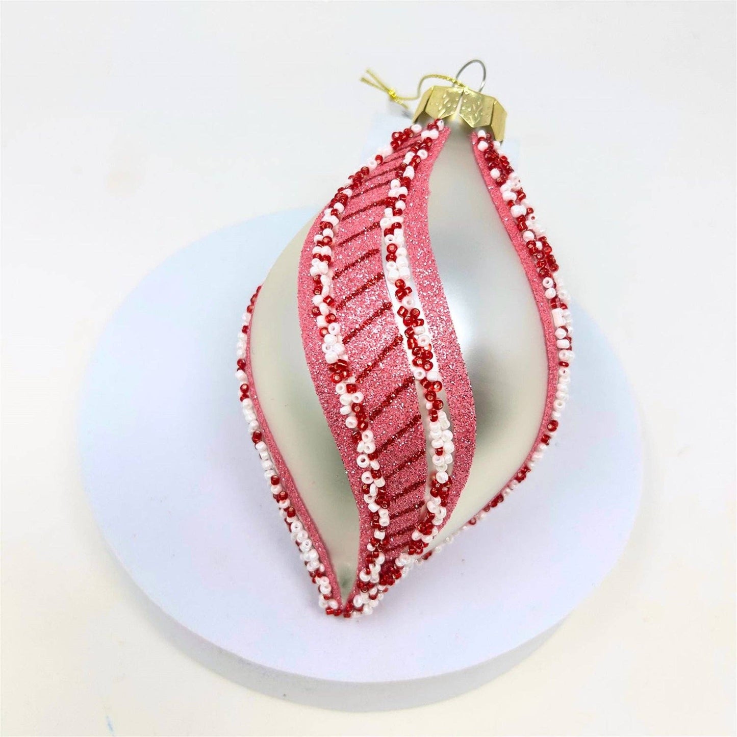 Pearl Glass Finial Orn. w/ Peppermint Stripe Rd/Pk/Wh 5.25"