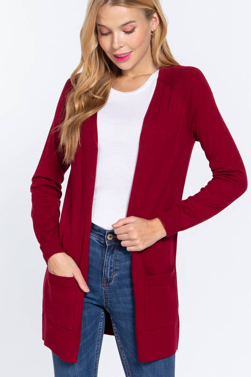 Slim Fit Open Sweater Cardigan w/ pocket: Red