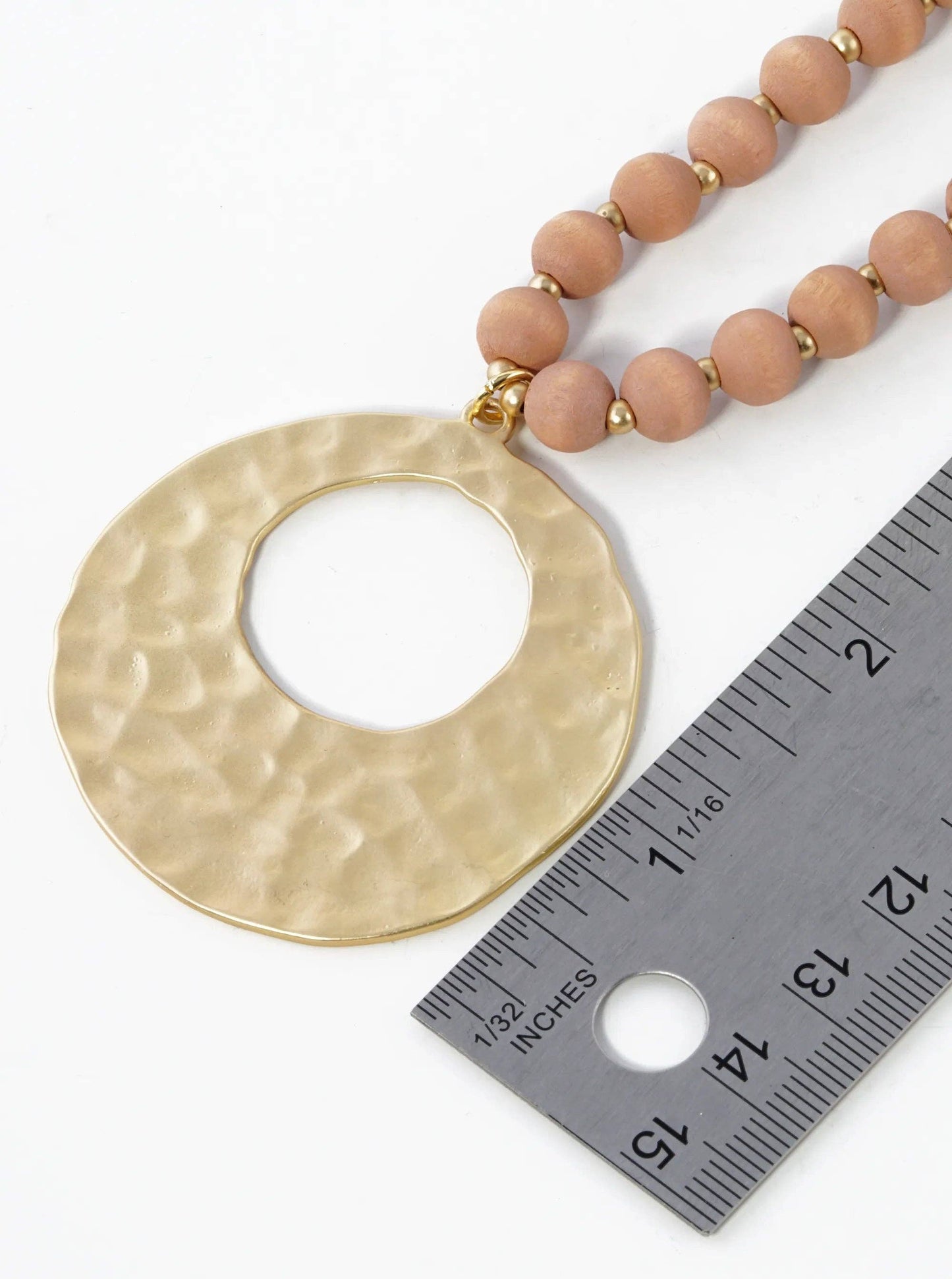 Hammered Brass Circle Pendant Wood Beaded Long Necklace: Light Mocha
