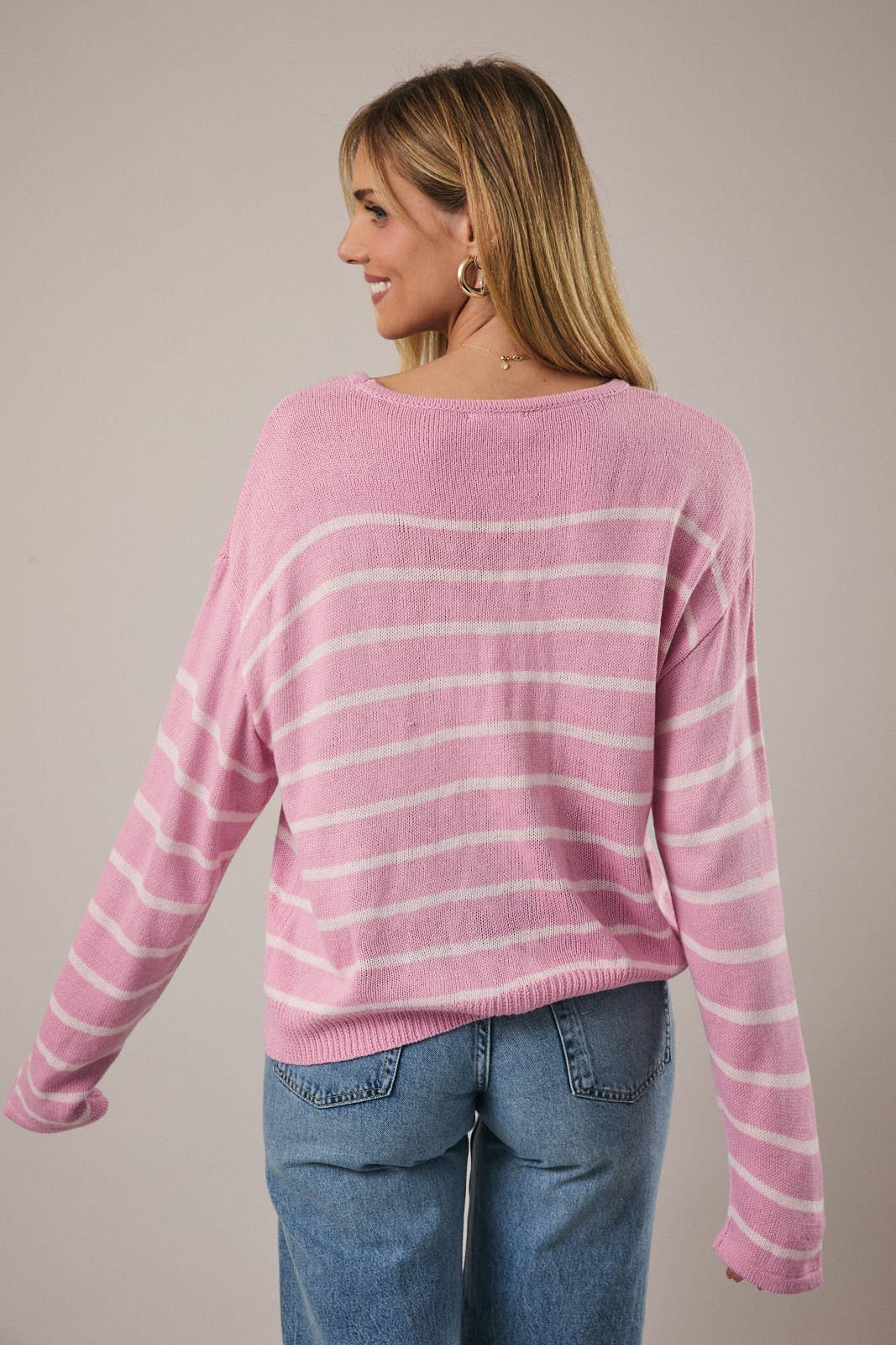 Pink Striped Round Neck Lightweight Sweater