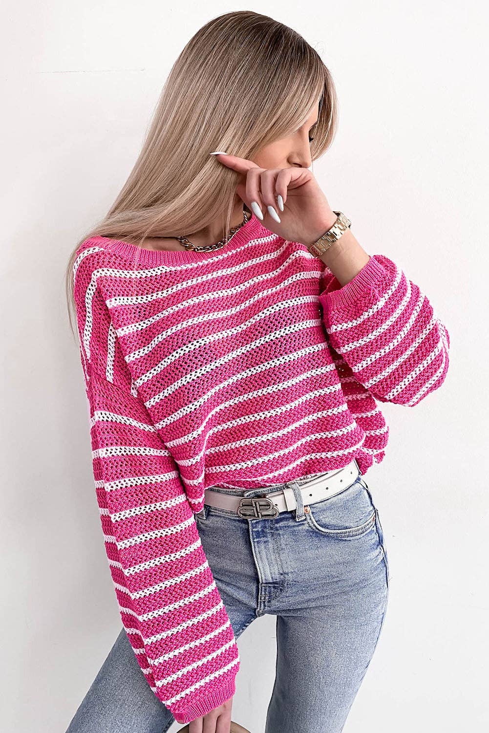 SALE Rose Drop Shoulder Contrasting Striped Sweater