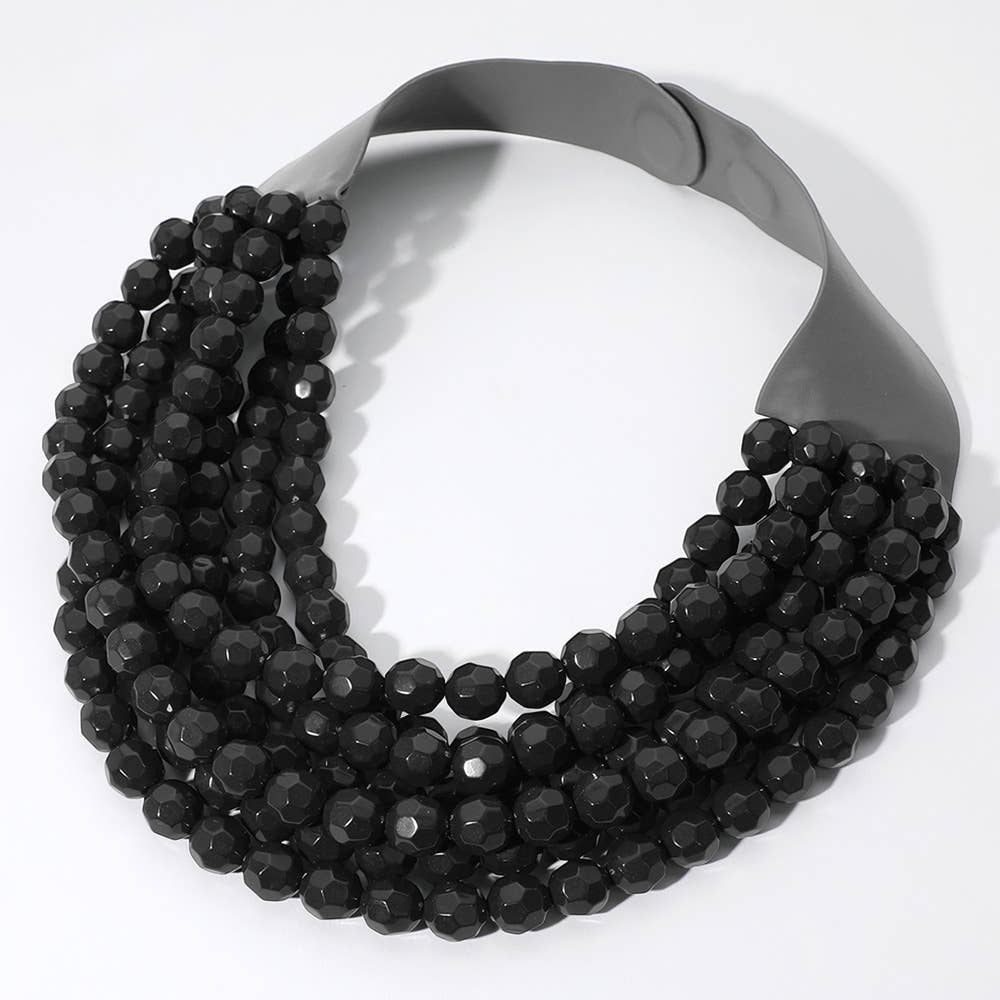 Chunky Acrylic Bead Layered Faux Leather Magnetic Necklace: Brown