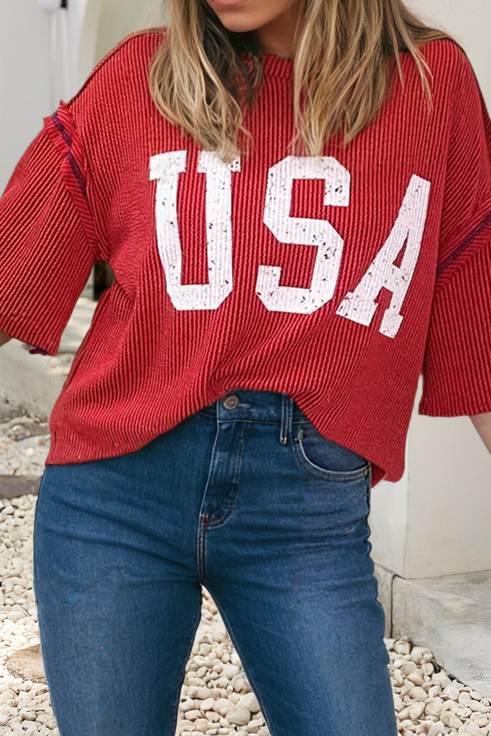 Fiery Red USA Graphic Half Sleeve Loose Ribbed Top