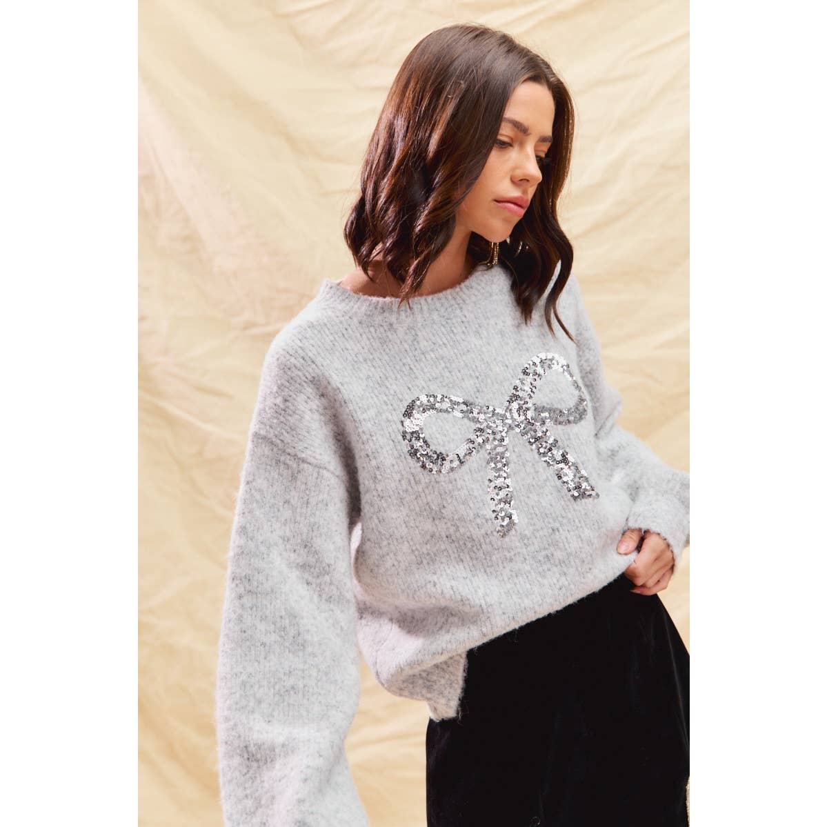 Grey/Silver Ribbon Sequins Holiday Sweater