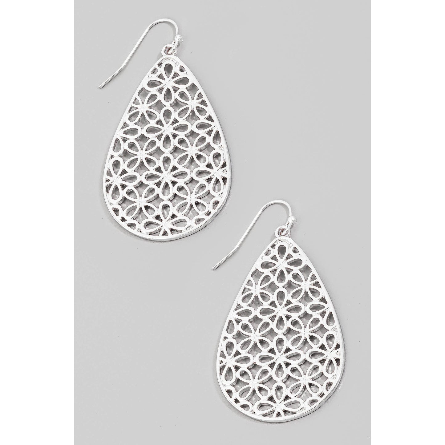 Silver Metallic Filigree Tear Dangle Earrings