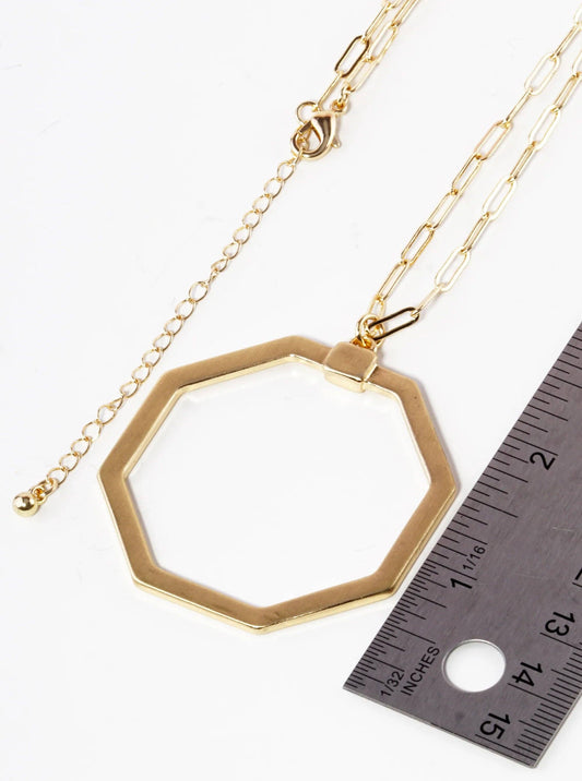 Matte Gold Metal Octagon Pendant 32 Inch Long Necklace