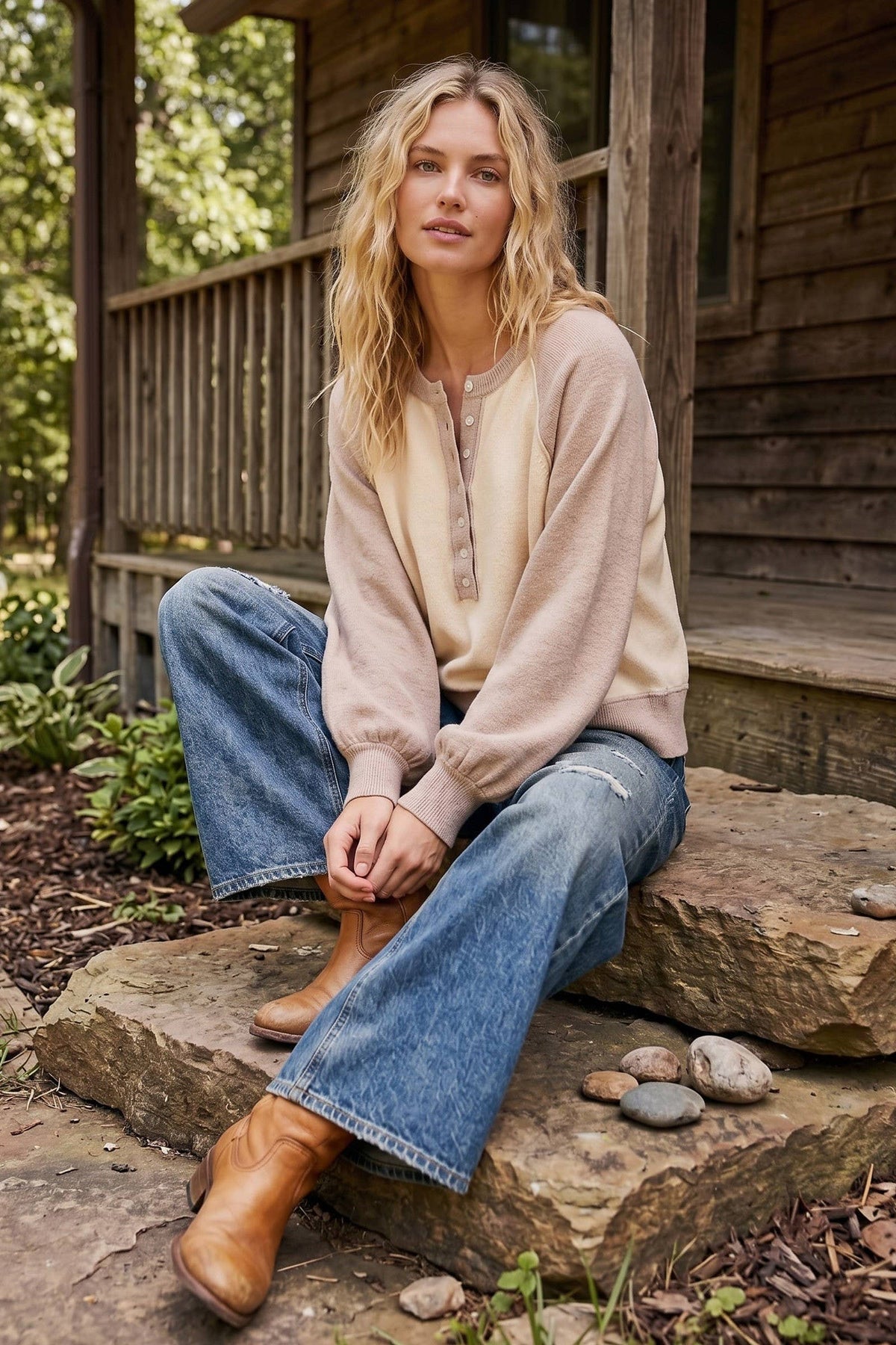 Taupe/Cream Color Block Henley Sweater
