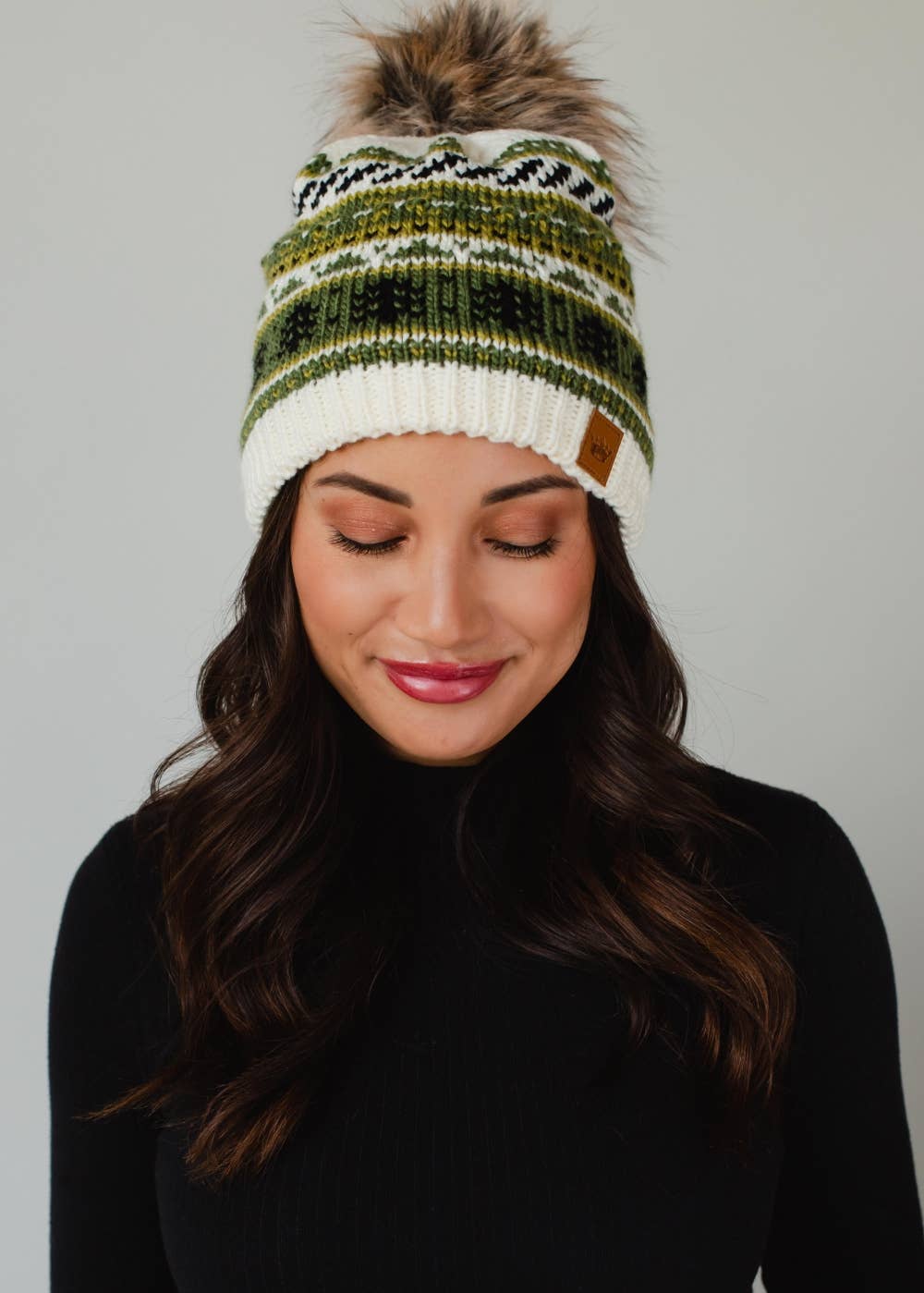 Ivory, Green & Black Christmas Pattern Pom Hat