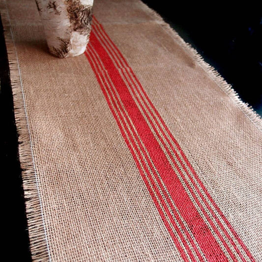 Burlap Table Runner with Red Stripes 12.5"x108"
