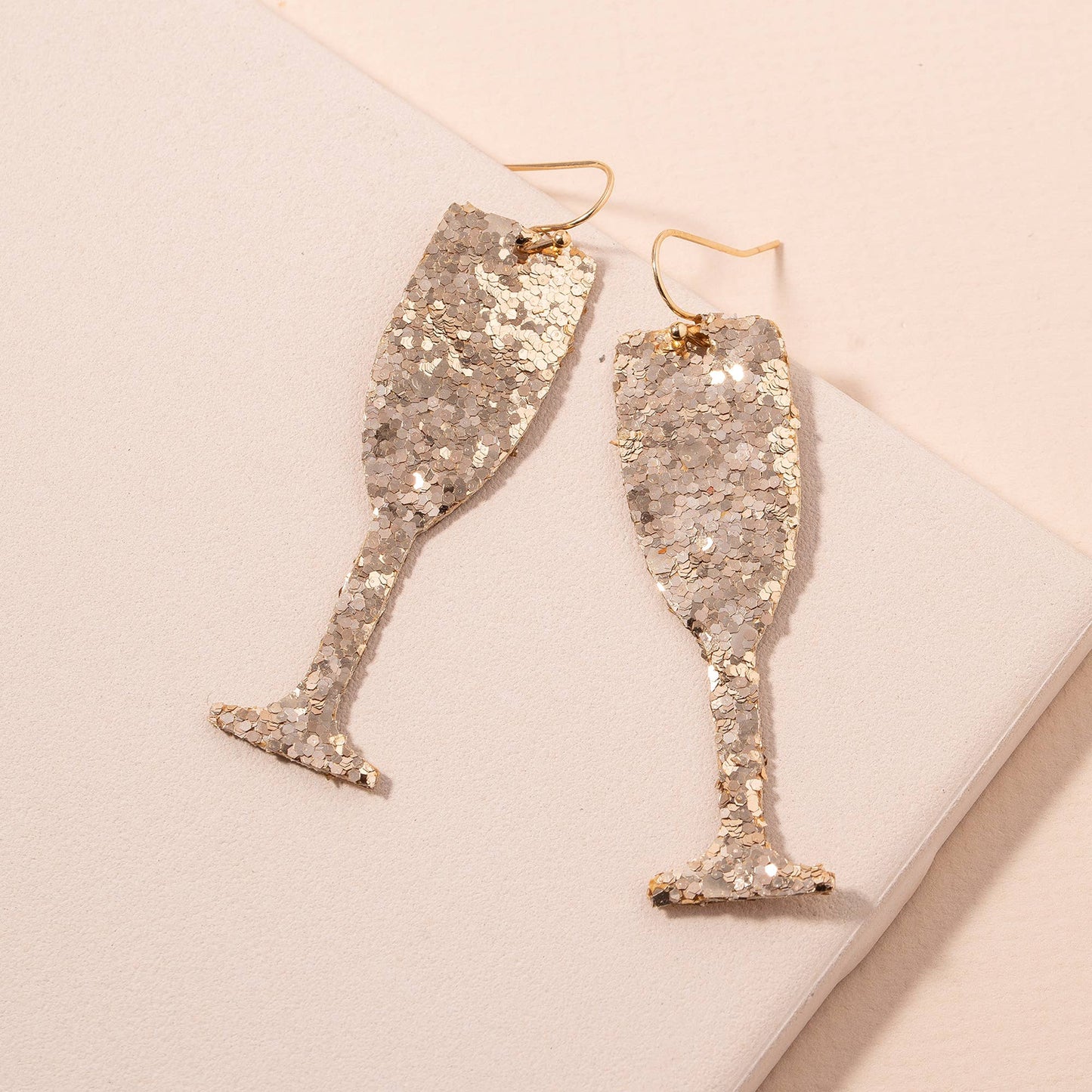 Glitter Champagne Glass Dangling Earrings: Gold